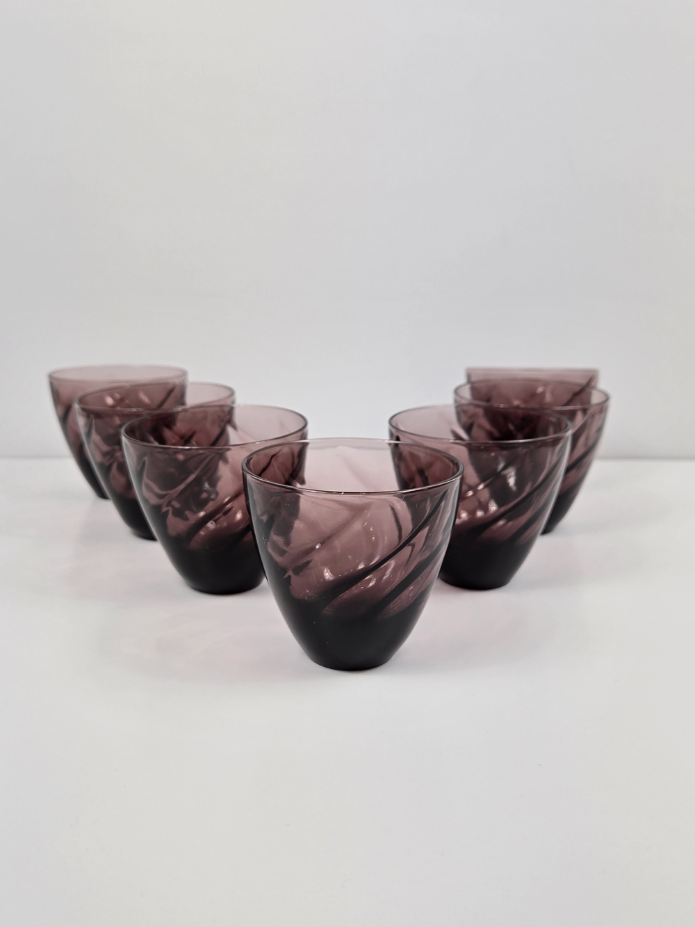 Vintage Amethyst Purple Swirl Glass Tumblers Drinking Glasses Set of 7